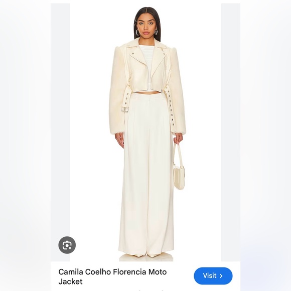 Camila Coelho Florencia Moto Jacket sand beige patent faux fur sleeves biker - Picture 7 of 7